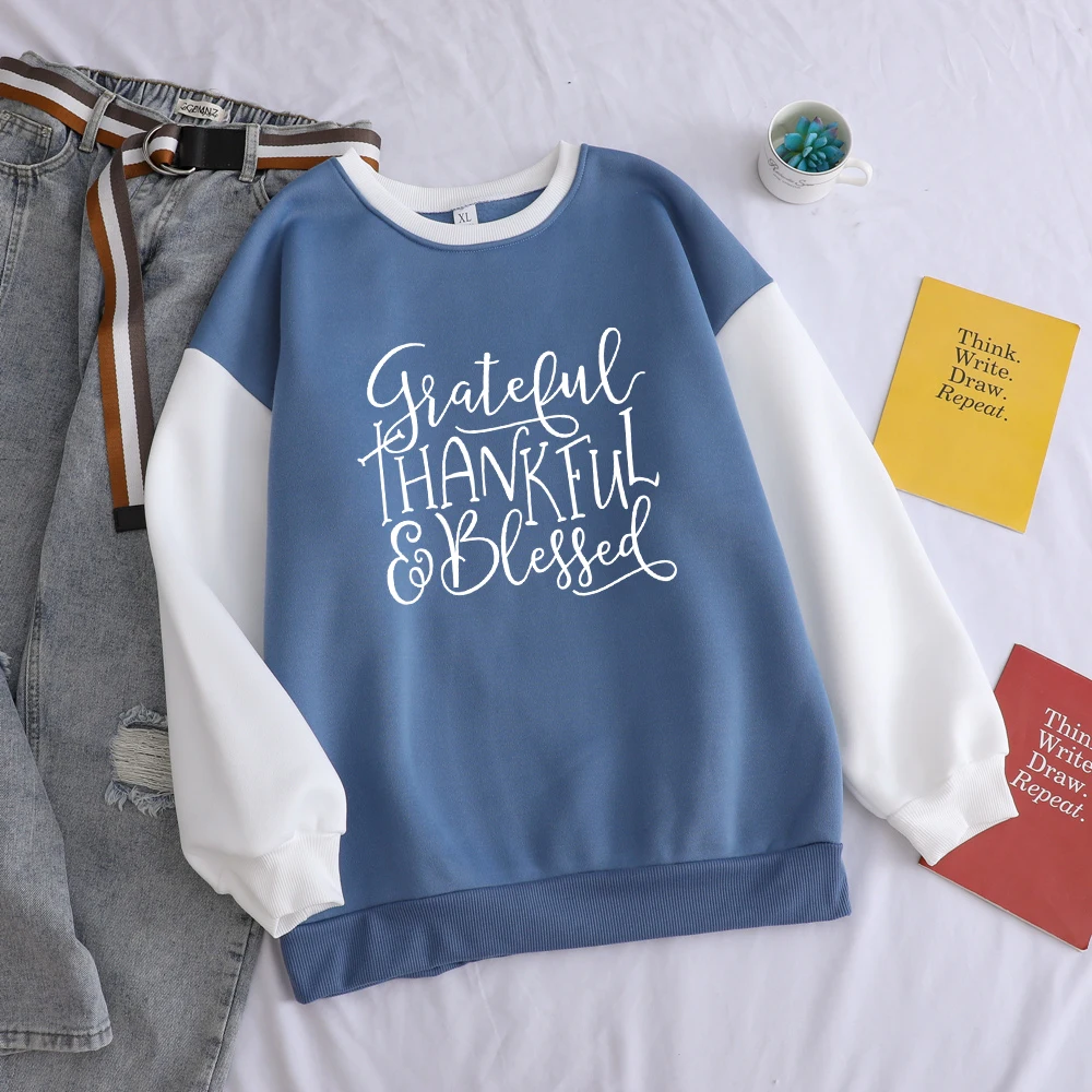 Grateful Thankful Blessed Letter Print Hoodies Sweatshirt Women O-neck Fleece Harajuku Kawaii Hit Color Patchwork Chriatmas Tops
Grateful Thankful Blessed Letter Print Hoodies Sweatshirt Women O-neck Fleece Harajuku Kawaii Hit Color Patchwork Chriatmas Tops
