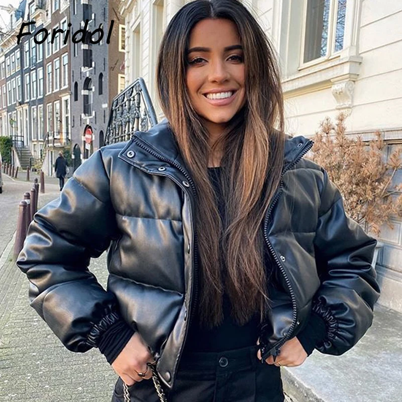 Foridol Turtleneck PU Leather Parkas Autumn Winter Thick Puffer Leather Coat Vintage Zipper Black Short Parka Coat 2021 Top
Foridol Turtleneck PU Leather Parkas Autumn Winter Thick Puffer Leather Coat Vintage Zipper Black Short Parka Coat 2021 Top
