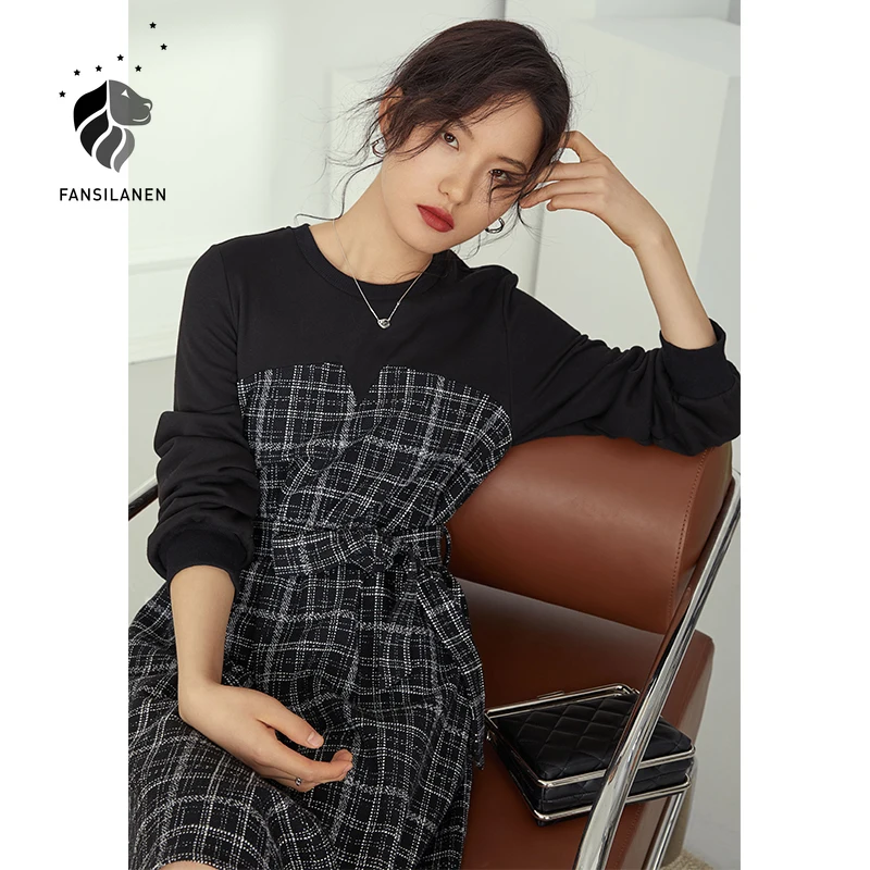FANSILANEN Patchawork Tweed Plaid Midi Black Dress Women Long Sleeve Autumn Winter Elegant Dress Female Vintage Office Dress
FANSILANEN Patchawork Tweed Plaid Midi Black Dress Women Long Sleeve Autumn Winter Elegant Dress Female Vintage Office Dress