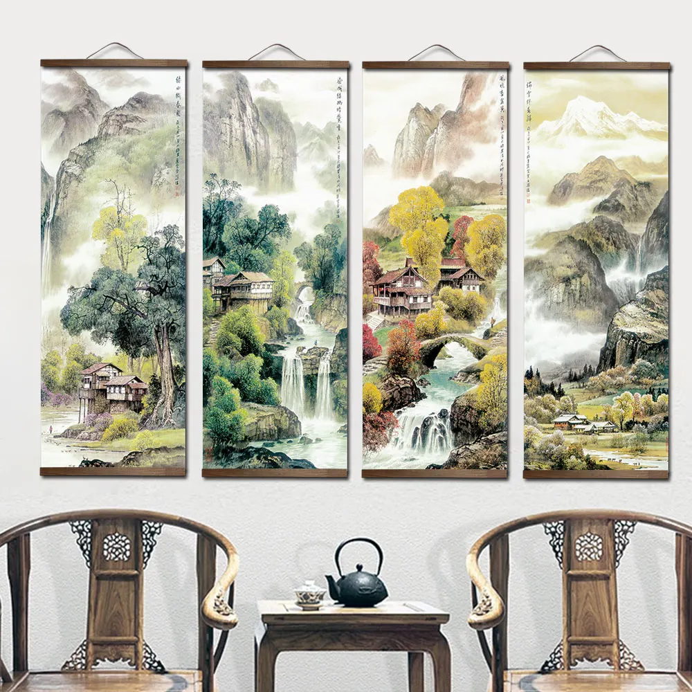 Chinese Traditional Style Four Seasons Landscape Canvas for Livingroom Wall Art Poster Solid Wood Scroll Paintings Home Decor 
Chinese Traditional Style Four Seasons Landscape Canvas for Livingroom Wall Art Poster Solid Wood Scroll Paintings Home Decor