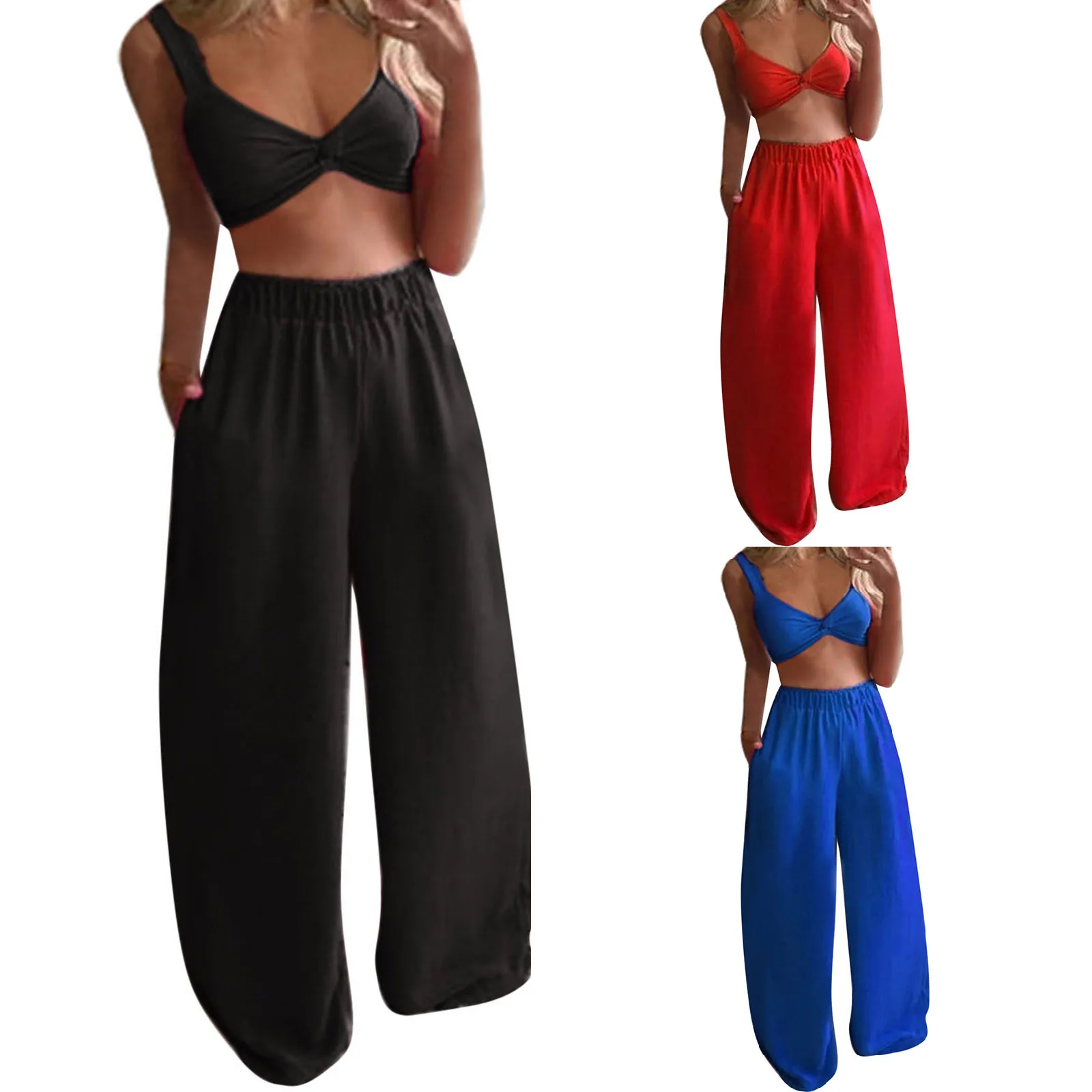 Women Casual Solid Sleeveless Camis Tops+long Pants 2 Piece Set 
Women Casual Solid Sleeveless Camis Tops+long Pants 2 Piece Set