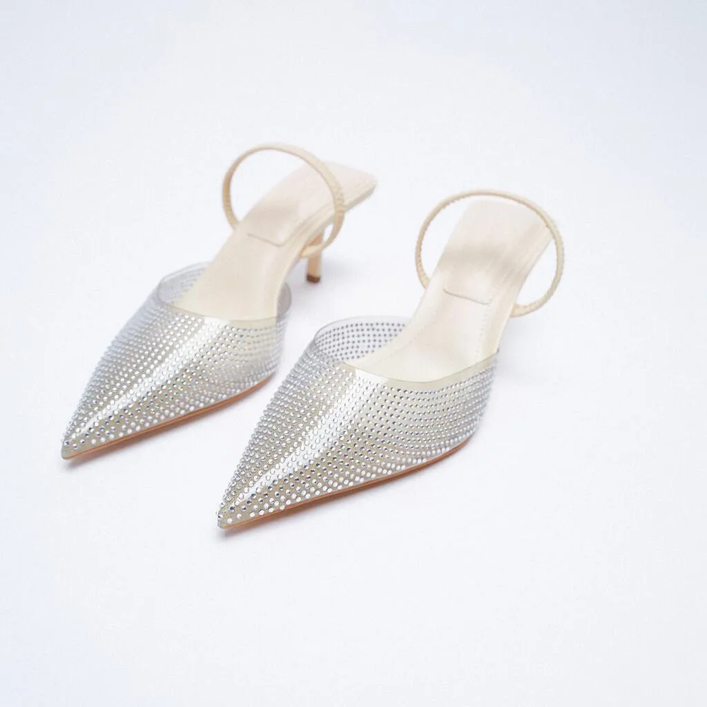 

Za 2022 Shimmery Slingback Heels Women Elegant Sparkly Party Pointed Toe Pumps Female Fashion Transparent Heeled Sandals