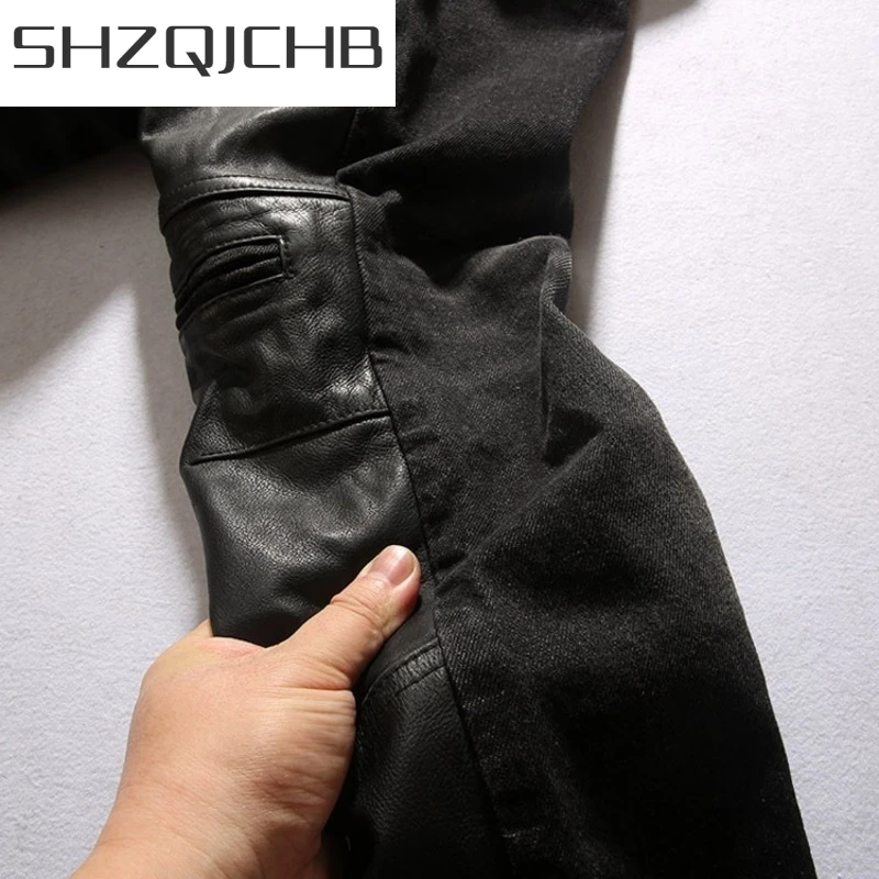 JCHB 2021 Fashion Punk Trousers Mens Biker Denim Patchwork Cowhide Genuine Leather Pants New Autumn Men Straight Cargo Leisure
JCHB 2021 Fashion Punk Trousers Mens Biker Denim Patchwork Cowhide Genuine Leather Pants New Autumn Men Straight Cargo Leisure