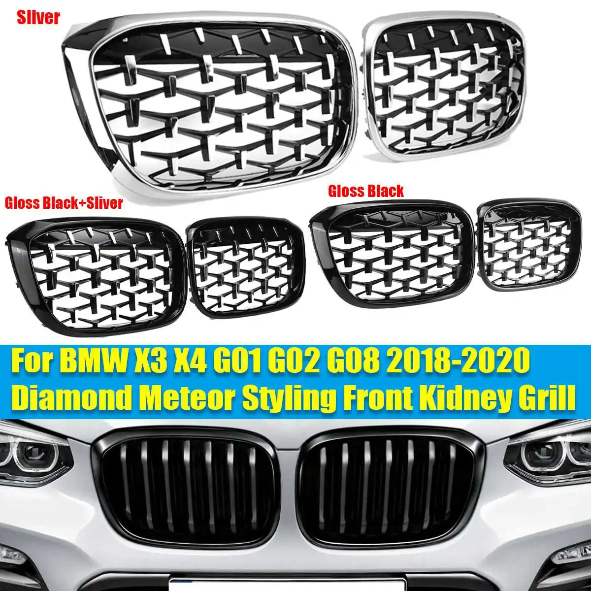 Автомобильная решетка для BMW 3, 4, X3, X4, G01, G02, G08, 2018, 2019, глянцевая, черная, серебристая 
Автомобильная решетка для BMW 3, 4, X3, X4, G01, G02, G08, 2018, 2019, глянцевая, черная, серебристая