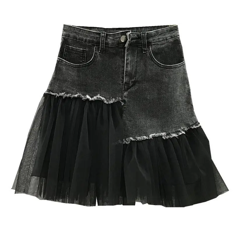 High waist A-line short skirt 2021 spring and summer new slim slim mesh splicing denim skirt women's summer 
High waist A-line short skirt 2021 spring and summer new slim slim mesh splicing denim skirt women's summer