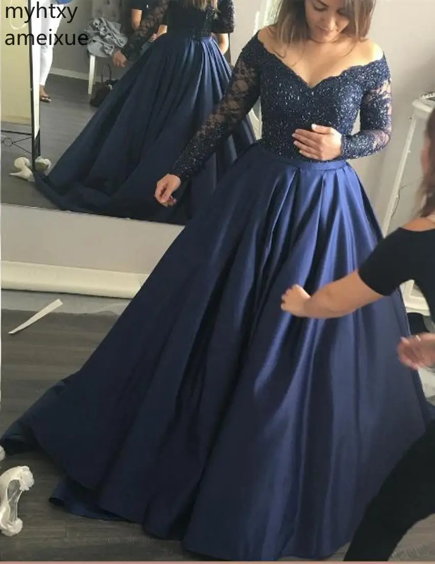 2021 Cheap New Sexy Navy Blue Prom Event Dress Skirt Long Sleeves Formal Evening Party Gown Plus Size Custom Elegant | Свадьбы и