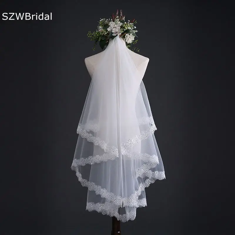 

In Stock Ivory Long Bridal veil 2023 Lace edge Wedding veils Velo de novia voile mariage wedding accessories sluier schleier