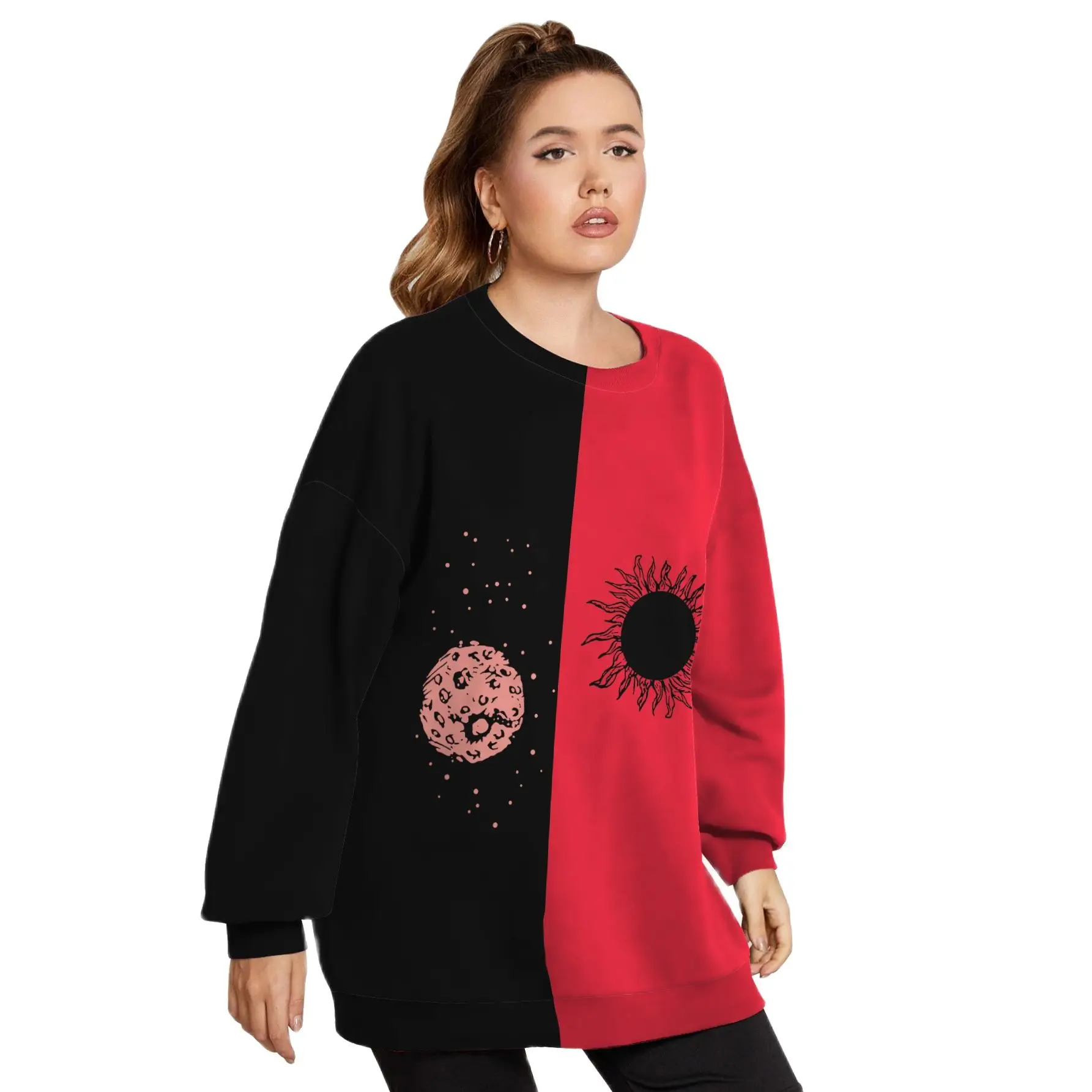 2021 Autumn New Street Trendsetter Sun Moon Stars Black Red Contrast Dress Round Neck Loose Women's Sweatshirt
2021 Autumn New Street Trendsetter Sun Moon Stars Black Red Contrast Dress Round Neck Loose Women's Sweatshirt