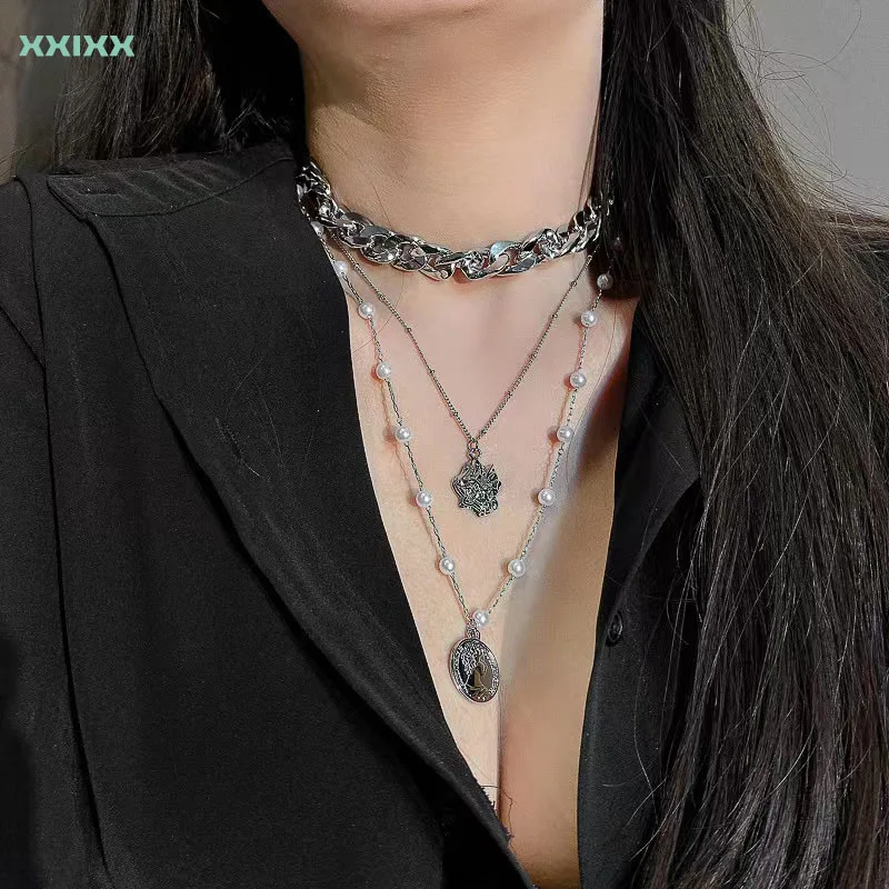 

xxixx Vintage Bohemia Gold Coin Cuban Chain Layered Necklace For Women Pearl Long Choker Pendant Necklaces Party Jewelry x-168