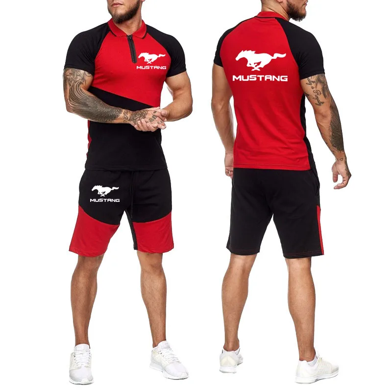 

Mustang car logo Print Hot sale Men 2piece set Summer Cotton Stitching color Business Slim Men short sleeve shorts 2-piece set