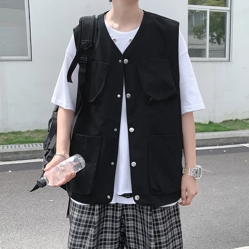 Spring Khaki Black Vest Men's Fashion Retro Casual V-neck Vest Jacket Men Streetwear Loose Hip-hop Pocket Tooling Vest Mens
Spring Khaki Black Vest Men's Fashion Retro Casual V-neck Vest Jacket Men Streetwear Loose Hip-hop Pocket Tooling Vest Mens