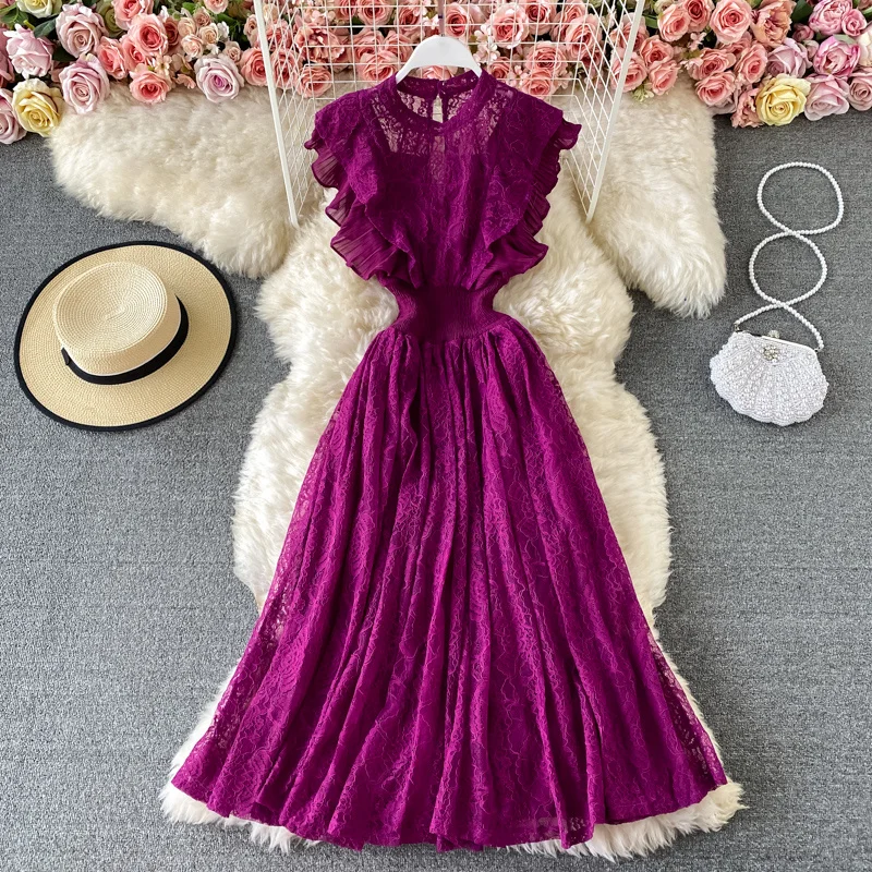 Vintage Purple/Green/Red Lace Midi Dress Women Sweet Round Neck Ruffle Vestidos Female High Waist Slim Robe Spring Autumn 2021
Vintage Purple/Green/Red Lace Midi Dress Women Sweet Round Neck Ruffle Vestidos Female High Waist Slim Robe Spring Autumn 2021