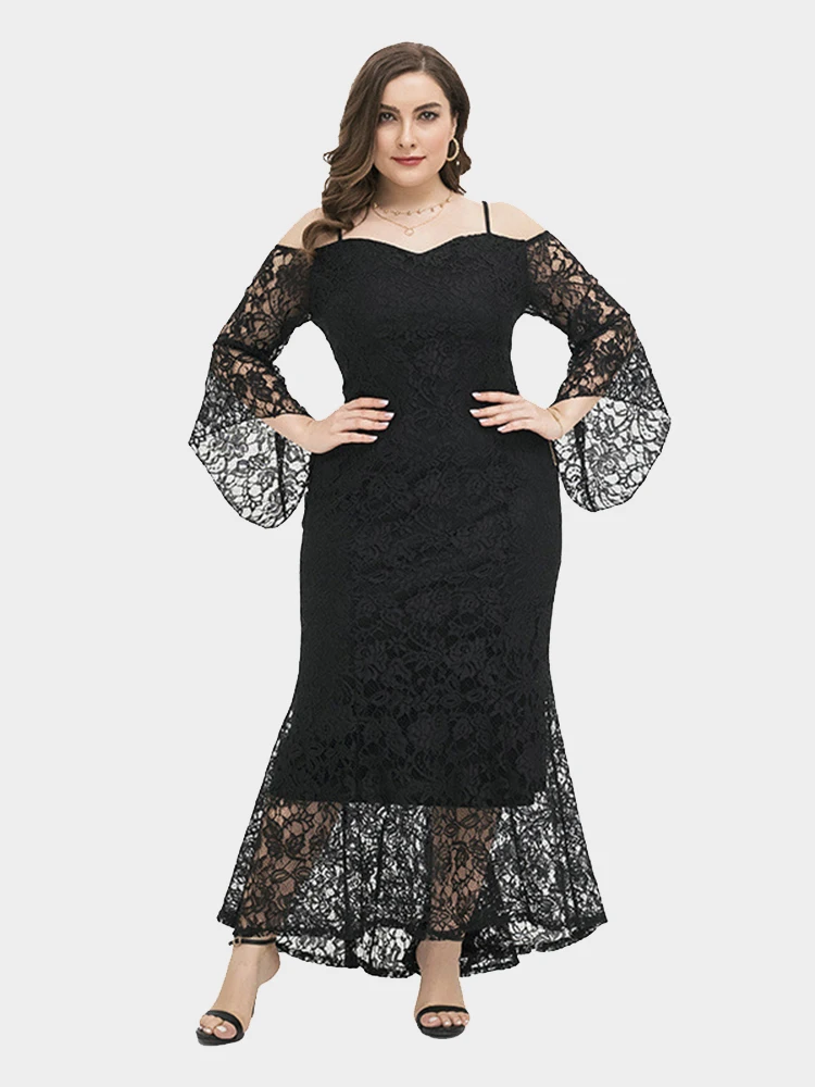 Plus Size Lace Dress Women Black Party Dress pagoda sleeve Mermaid Formal Robes Off The Shoulder Vestidoes
Plus Size Lace Dress Women Black Party Dress pagoda sleeve Mermaid Formal Robes Off The Shoulder Vestidoes