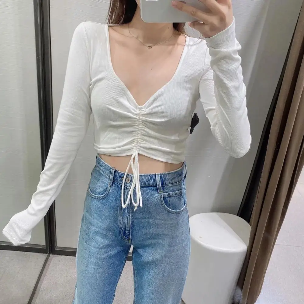 2020 New Women Crop Top Ribbed Gathered Long Sleeves V-neck Short T- shirt Casual Sexy Fashion Female t-shirts ZXQJ 
2020 New Women Crop Top Ribbed Gathered Long Sleeves V-neck Short T- shirt Casual Sexy Fashion Female t-shirts ZXQJ