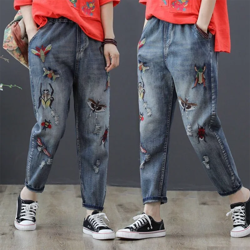 Весна Осень 2021 джинсы с вышивкой женские ковбойские свободные шаровары в стиле