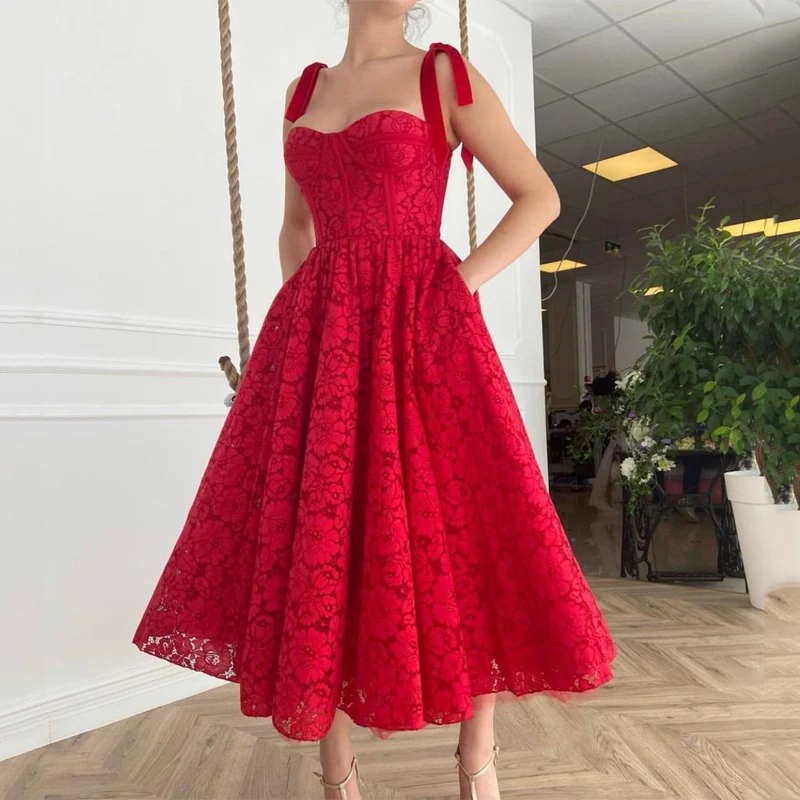 Sweetheart Spaghetti Straps Red Lace Tea Length Prom Dress A-Line Evening Gowns
Sweetheart Spaghetti Straps Red Lace Tea Length Prom Dress A-Line Evening Gowns
