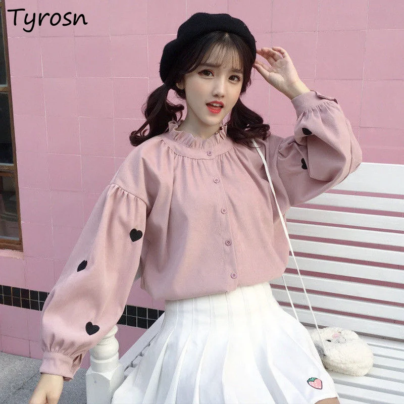 Shirts Women Love Embroidery Ruffles Sweet Korean Style Lovely Stand Collar Lantern Sleeve Designed Trendy Students Blouses Chic
Shirts Women Love Embroidery Ruffles Sweet Korean Style Lovely Stand Collar Lantern Sleeve Designed Trendy Students Blouses Chic