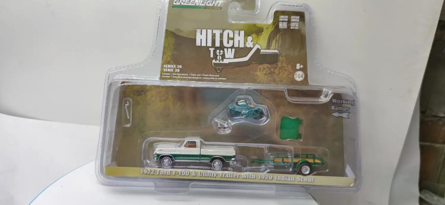 

1:64 GreenLight 1972 Ford F-100 & utility Trailer 1920 Indian Scout Green Version Collection die-cast alloy car model toys