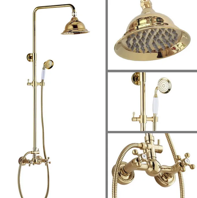 Polished Golden Brass Wall Mounted Bathroom Rainfall Handheld Shower Faucet Set Double Handle Mixer Tap Dgf336
Polished Golden Brass Wall Mounted Bathroom Rainfall Handheld Shower Faucet Set Double Handle Mixer Tap Dgf336