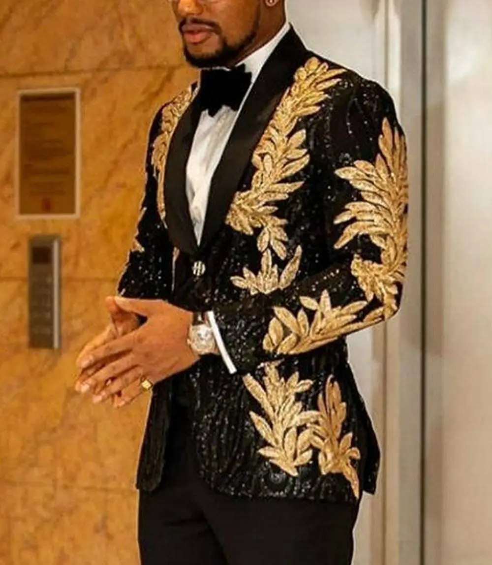 2 Pieces Slim Fit Men's Shiny Sequins Gold Applique Suits Prom Tuxedos Grooms Jacket Wedding Party Suits Set (Blazer+Pants)
2 Pieces Slim Fit Men's Shiny Sequins Gold Applique Suits Prom Tuxedos Grooms Jacket Wedding Party Suits Set (Blazer+Pants)
