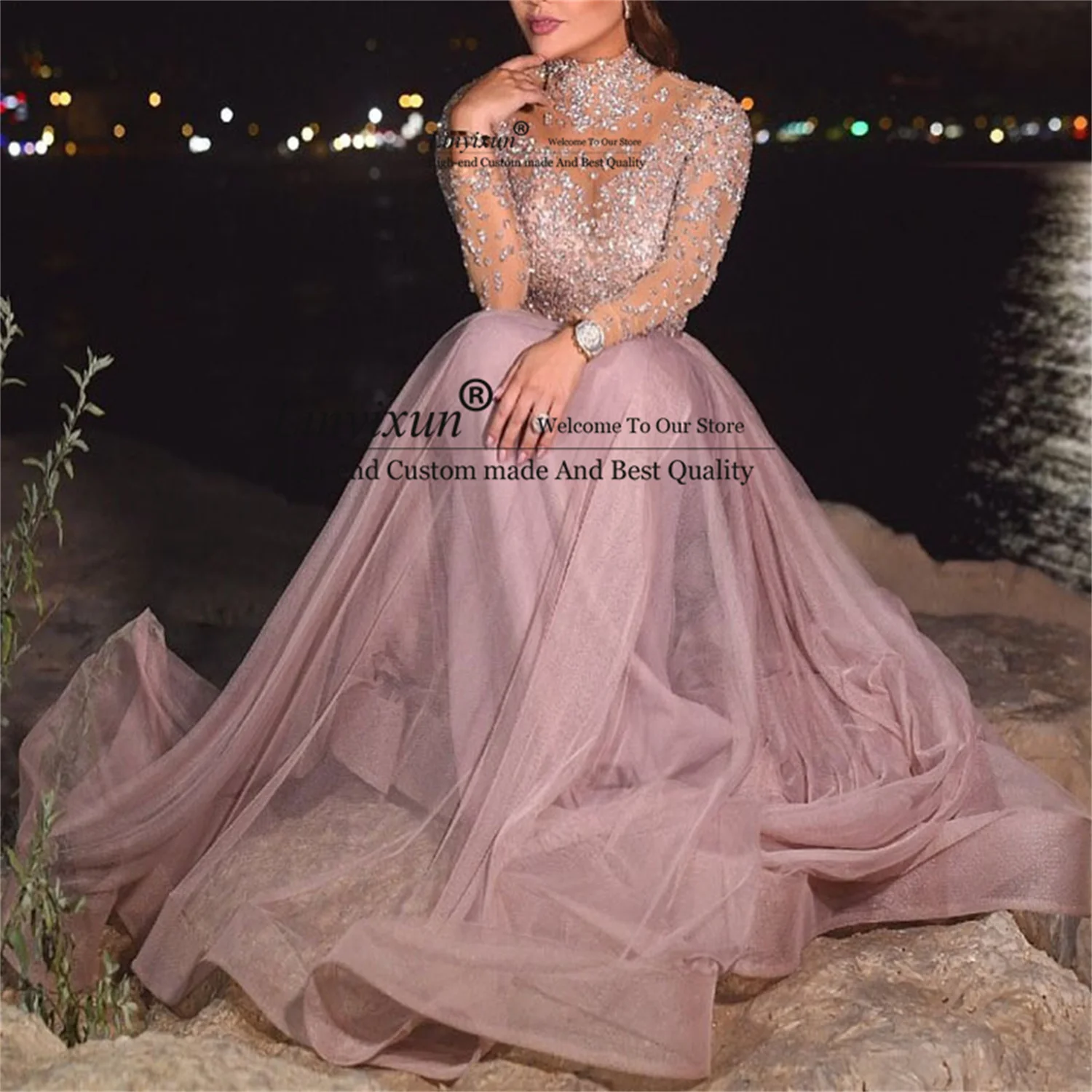 Pink A Line Prom Dresses High Neck Long Sleeves Formal Evenig Dress Applique Lace Beaded Party Gown Long Tulle robes de soirée
Pink A Line Prom Dresses High Neck Long Sleeves Formal Evenig Dress Applique Lace Beaded Party Gown Long Tulle robes de soirée