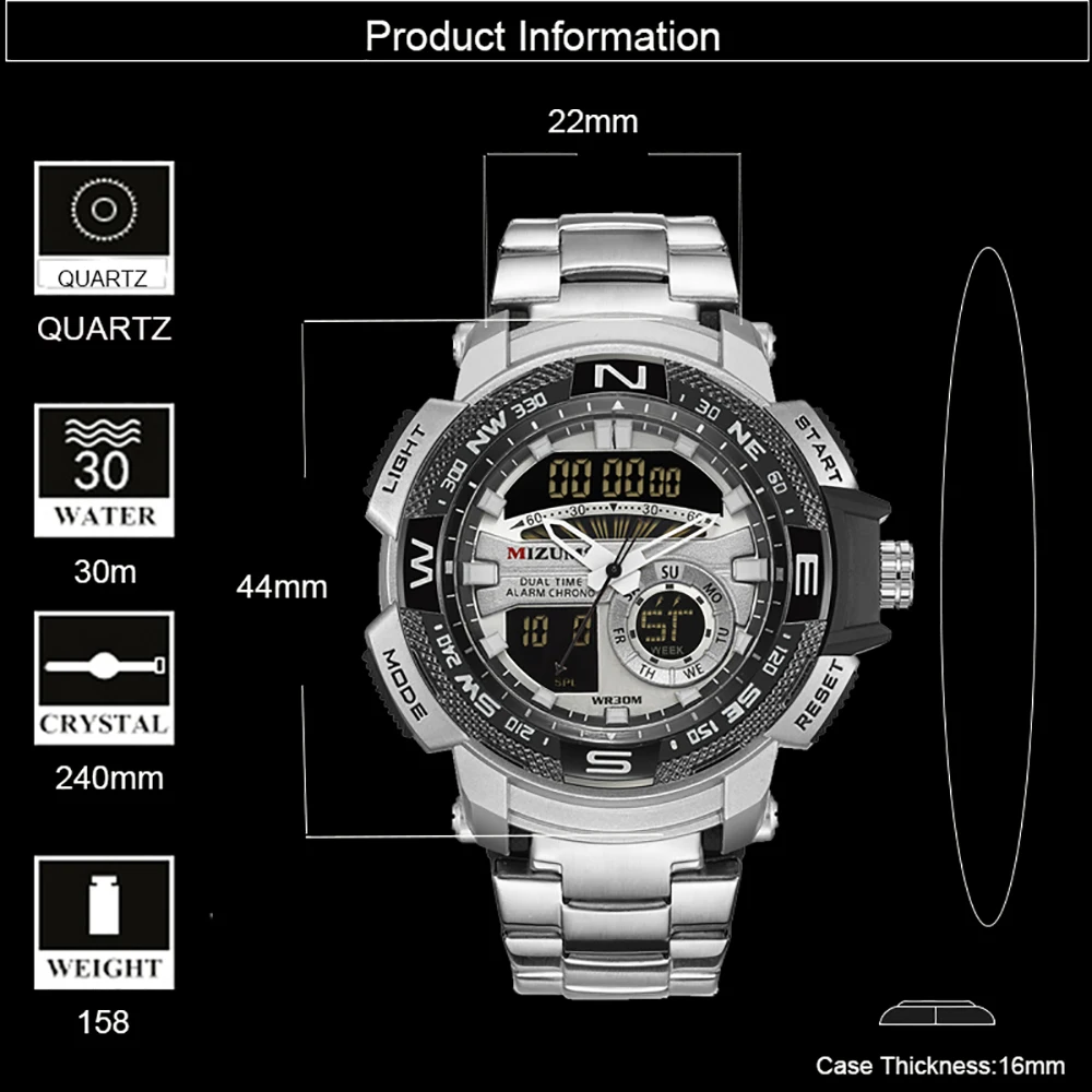 MIZUMS Mens Sport Watches Luxury Quartz Watch Steel Strap Waterproof Military Digital Wrist Clock Relogio Masculino | Наручные часы