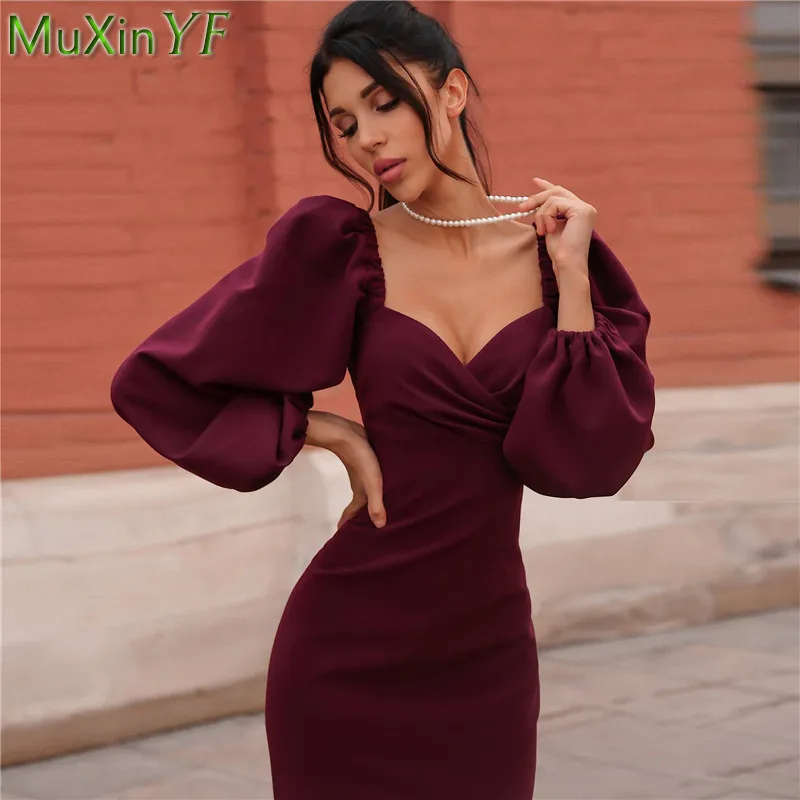 

Women Sexy Bodycon Autumn Winter Long Dress 2021 Lady Graceful Lantern Sleeve Dresses Solid Wine Red Dinner Party Robe Female