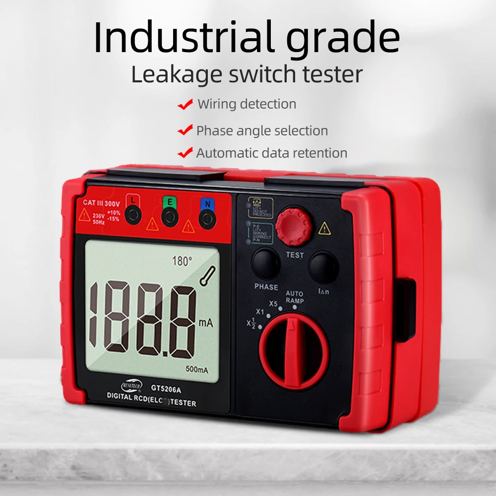 Тестер для защиты от утечек GT5206A, 230 В/50 Гц, ЖК-дисплей 
Тестер для защиты от утечек GT5206A, 230 В/50 Гц, ЖК-дисплей