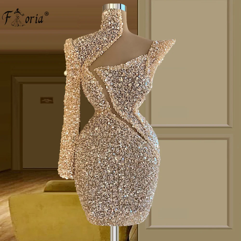 High Neck One Shoulder Long Sleeve Cocktail Dresses 2021 Luxury Beaded Sequined African Women Champagne Homecoming Dress Short 
High Neck One Shoulder Long Sleeve Cocktail Dresses 2021 Luxury Beaded Sequined African Women Champagne Homecoming Dress Short