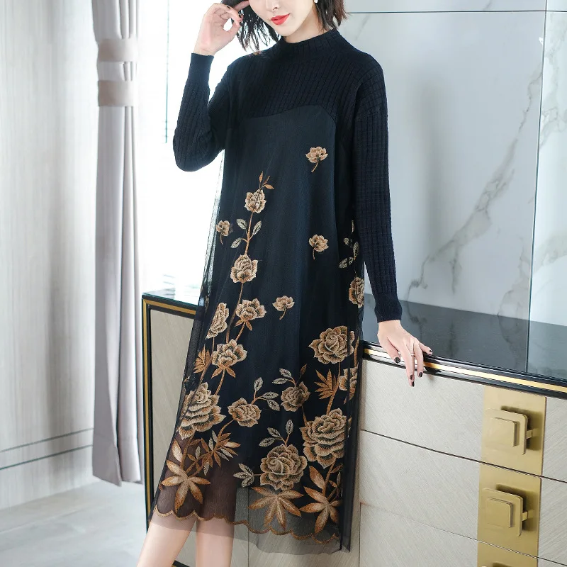 Winter Women's Dress Plus Size S-XXL 2020 New Stand Collar Long Sleeves Knitted Patchwork Embroidered Loose A-Line Elegant Dress
Winter Women's Dress Plus Size S-XXL 2020 New Stand Collar Long Sleeves Knitted Patchwork Embroidered Loose A-Line Elegant Dress