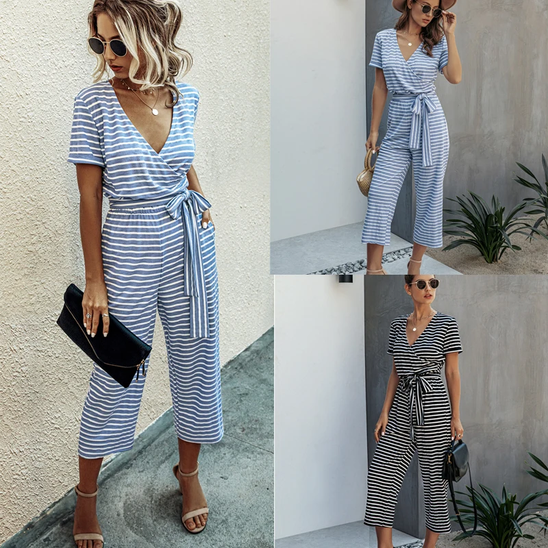Summer New Casual Jumpsuits Women Short Sleeve Striped V-Neck Jumpsuits Striped Jumpsuits Streetwear Slim Straight Leg Jumpsuit
Summer New Casual Jumpsuits Women Short Sleeve Striped V-Neck Jumpsuits Striped Jumpsuits Streetwear Slim Straight Leg Jumpsuit