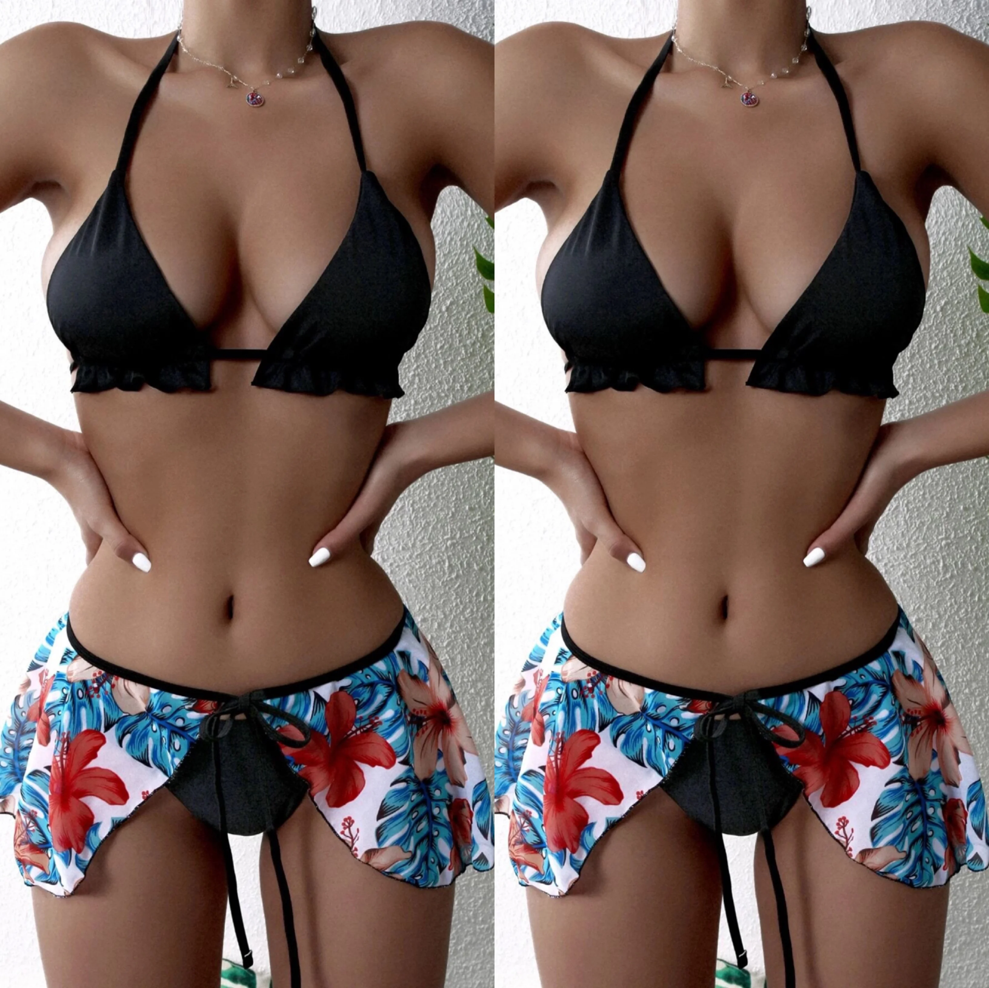 

Sexy Print Three Pieces Bikini Sets With Skirt Halter Swimwear Women's Swimsuits 2021 Mesh Bathing Suit Black Bikinis Bea