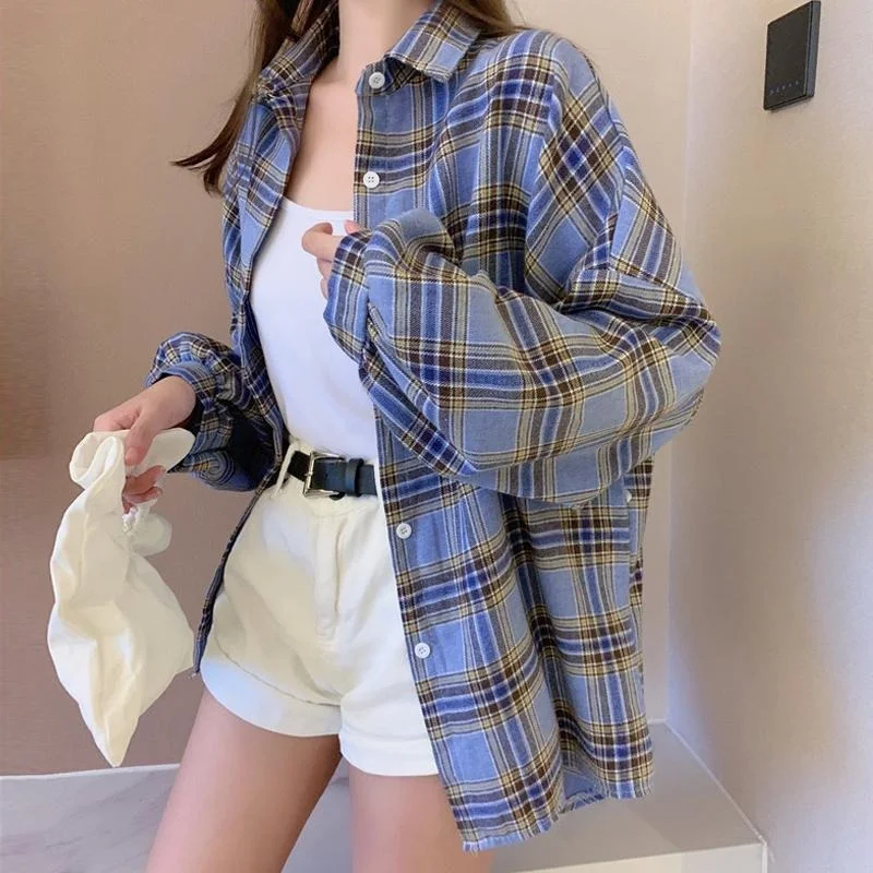 Striped plaid Shirt women Long sleeve cardigan Tops Female Blue pink purple Blouse Fashion Button Plus size Vintage Shirts women 
Striped plaid Shirt women Long sleeve cardigan Tops Female Blue pink purple Blouse Fashion Button Plus size Vintage Shirts women