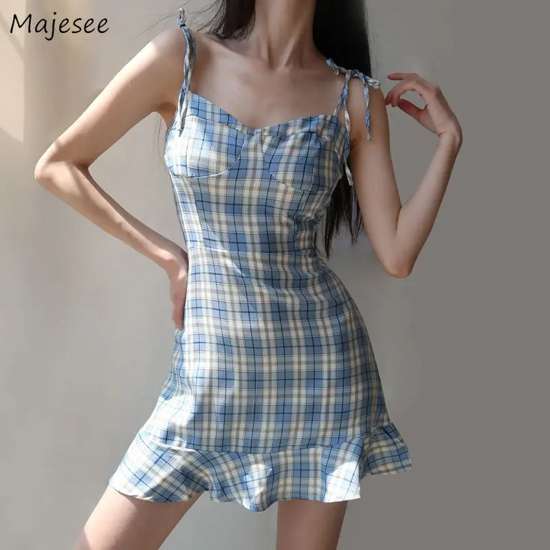 Sleeveless Dress Women Blue Plaid Mini A-line Ruffles Korean Style Lovely Sweet Ladies Summer Stylish Party Slim Romantic Chic 
Sleeveless Dress Women Blue Plaid Mini A-line Ruffles Korean Style Lovely Sweet Ladies Summer Stylish Party Slim Romantic Chic