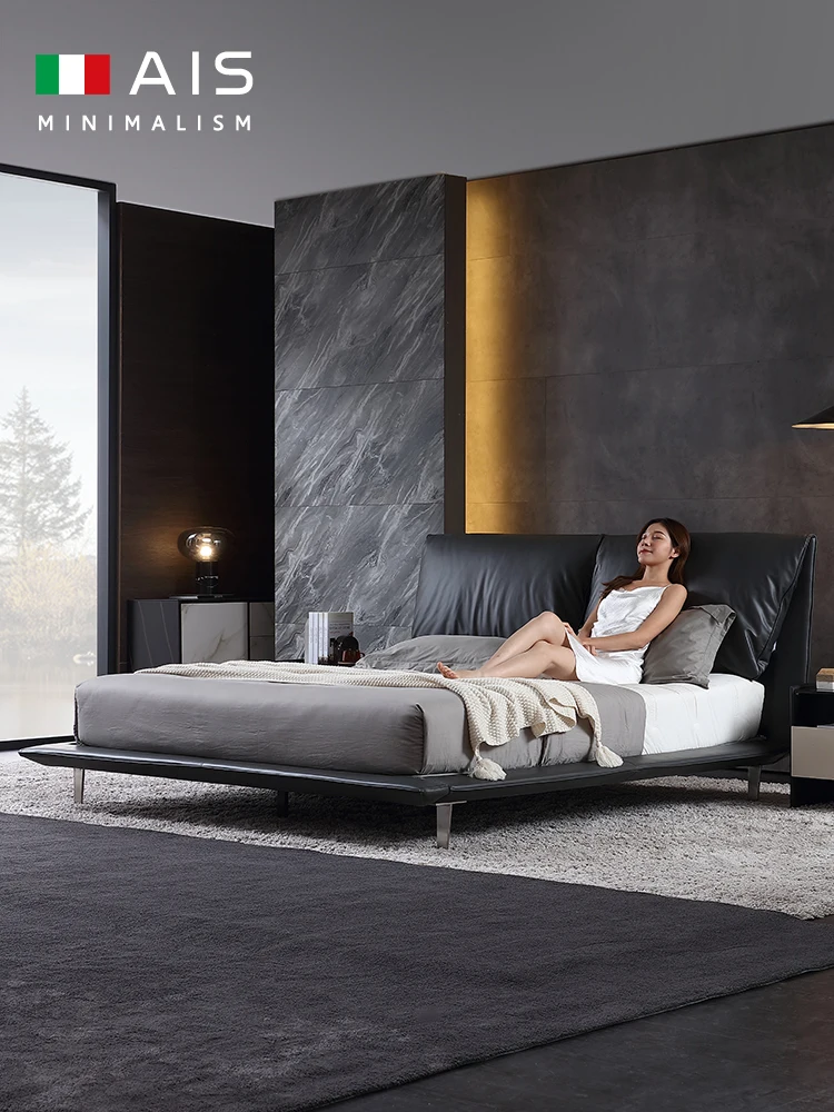 Italian minimalist leather bed modern minimalist double bed master bedroom 2021 black light luxury leather bed 
Italian minimalist leather bed modern minimalist double bed master bedroom 2021 black light luxury leather bed