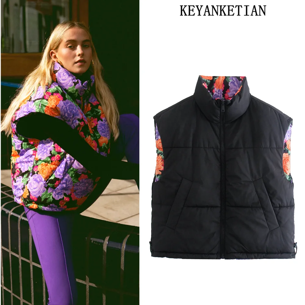 KEYANKETIAN ZA Women's Fashion Floral Print Double-sided Quilted Vest Retro High Collar Welt Pocket Women's Chic Jacket Top
KEYANKETIAN ZA Women's Fashion Floral Print Double-sided Quilted Vest Retro High Collar Welt Pocket Women's Chic Jacket Top