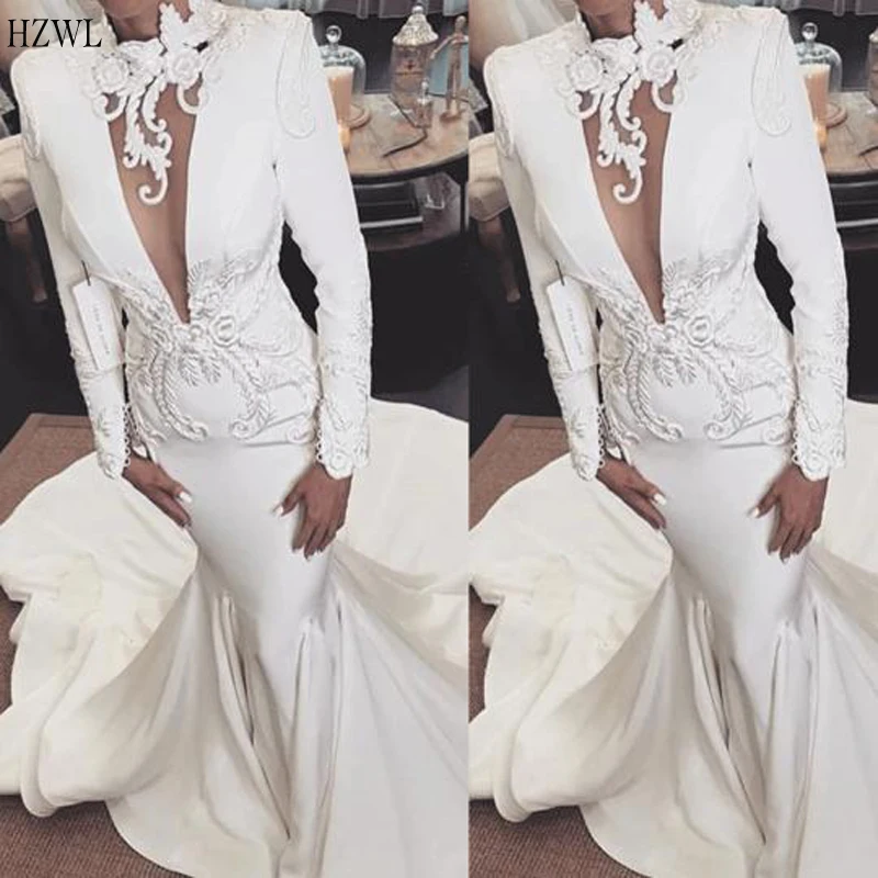 Modest Mermaid Formal Evening Gowns 2020 long sleeve Deep V-Neck Lace Applique Sexy Bridel Dress Prom Dress Long robe de soiree
Modest Mermaid Formal Evening Gowns 2020 long sleeve Deep V-Neck Lace Applique Sexy Bridel Dress Prom Dress Long robe de soiree