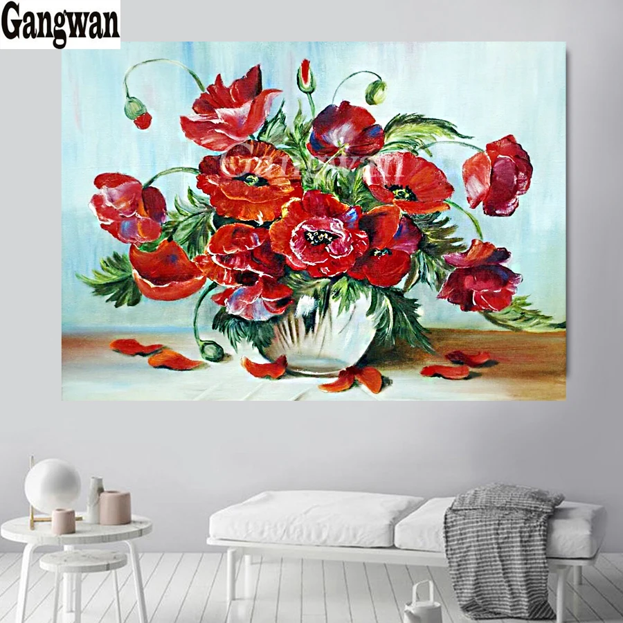 

Full round diamond embroidery red flower diamond painting vase of poppy 5D square by hand 3d gift picture rhinestones room decor