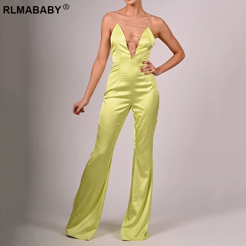 Elegant Sexy Deep V Neck Backless Diamond Chain Rompers Bodycon Jumpsuit Women Fashion Slim Night Club Sleeveless Satin Jumpsuit
Elegant Sexy Deep V Neck Backless Diamond Chain Rompers Bodycon Jumpsuit Women Fashion Slim Night Club Sleeveless Satin Jumpsuit