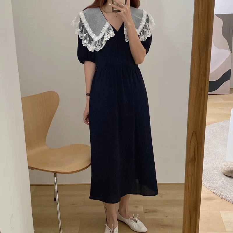 Korean Temperament Lace Hook Flower Dress Women High Waist Hip A Line Long Vestidos Peter Pan Collar Short Sleeve Robe
Korean Temperament Lace Hook Flower Dress Women High Waist Hip A Line Long Vestidos Peter Pan Collar Short Sleeve Robe