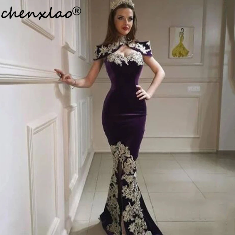Chenxiao Evening Dresses Purple Mermaid Strapless Velour Slit Muslim Gold Appliques Kaftan Exquisite Algeria Saudi Arabia 
Chenxiao Evening Dresses Purple Mermaid Strapless Velour Slit Muslim Gold Appliques Kaftan Exquisite Algeria Saudi Arabia