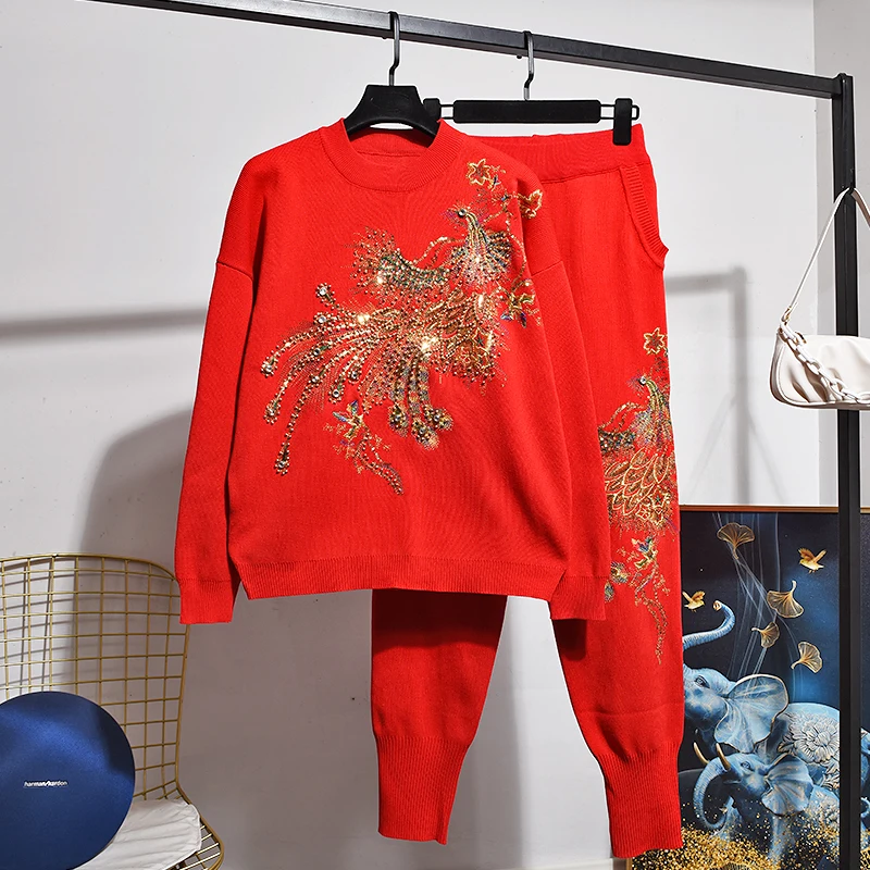 

Red Pink Casual Knit Tracksuit Outfits Manual Diamond Beaded Embroidery Peacock Pullover Tops And Pencil Pant Knitwear 2pc Sets