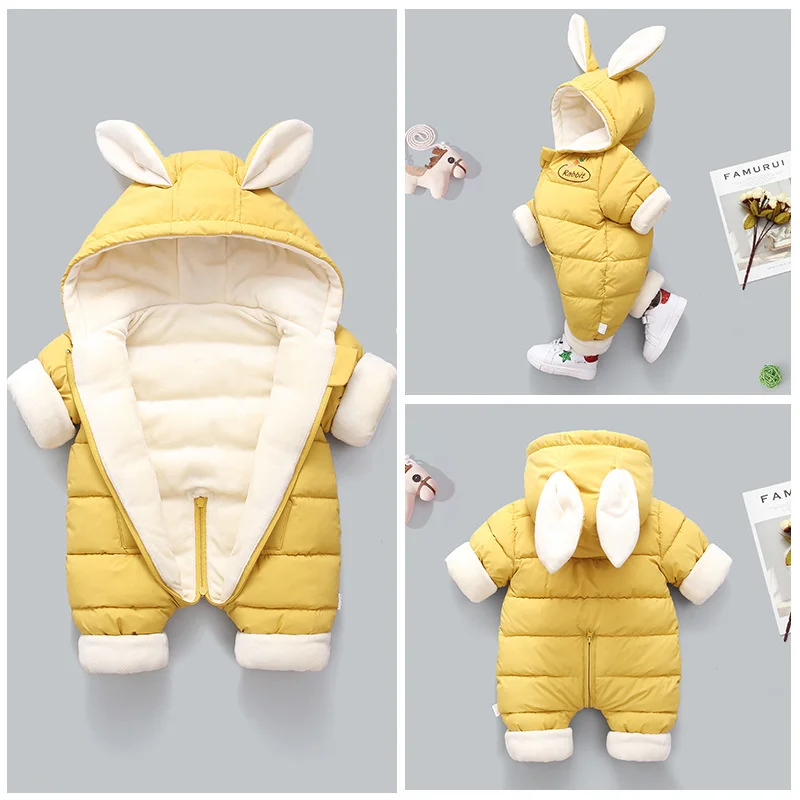 

2021 Winter Baby Rompers Plus Velvet Warm Baby Girl Snowsuit Cartoon Rabbit Baby Boys Jumpsuit Toddler Overalls Crawl Clothes