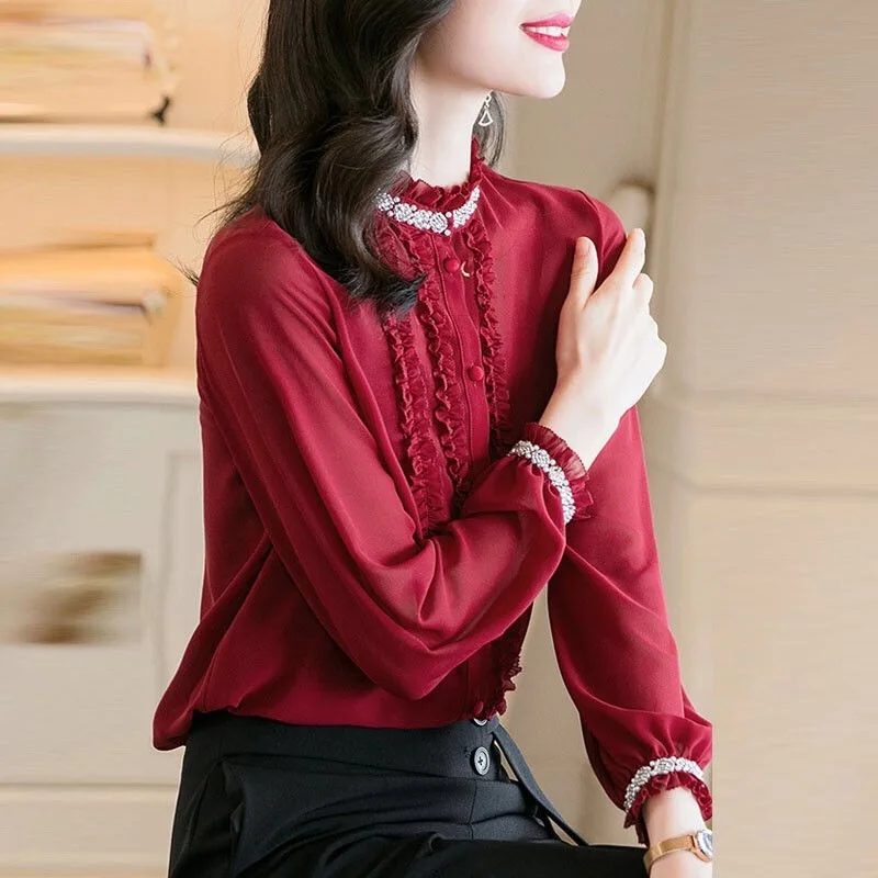 Spring Fall Office Lady Career Women Pearls Beading Ruffles Stand Collar Chiffont Top Blouse , Woman 3xl Wine Red Blouses Tops
Spring Fall Office Lady Career Women Pearls Beading Ruffles Stand Collar Chiffont Top Blouse , Woman 3xl Wine Red Blouses Tops