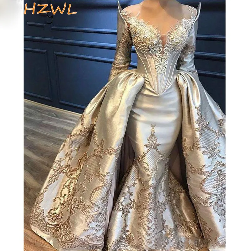 

2021 Mermaid Overskirts Evening Dress Long Sleeve Sheer Neck Lace Appliqued Beads Prom Dresses Abiye Arabic Party Gowns
