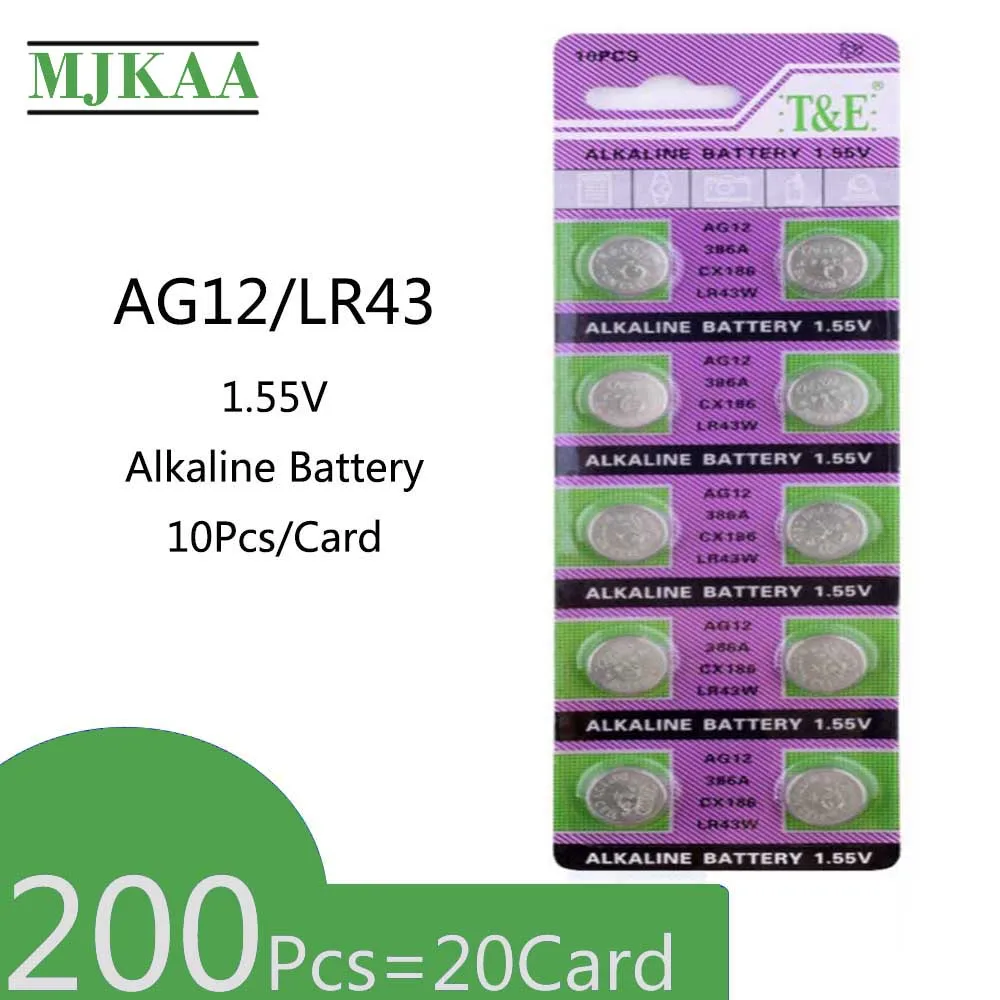 200Pcs=20Card AG12 1.55V Alkaline Battery LR43 SR43 260 386 For Watch Coin Cell Batteries
200Pcs=20Card AG12 1.55V Alkaline Battery LR43 SR43 260 386 For Watch Coin Cell Batteries