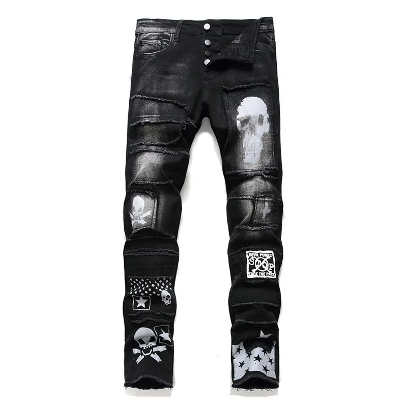 Fashion Men's Ripped Pleated Jeans Pants Skull Printed Patchwork Denim Trouser For Male Washed Size 29-38
Fashion Men's Ripped Pleated Jeans Pants Skull Printed Patchwork Denim Trouser For Male Washed Size 29-38
