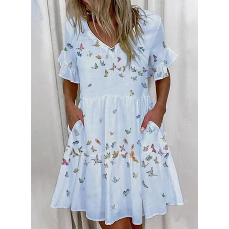 Women Summer Dress Ruffled Short Sleeve Ladies Dresses Floral Print V Neck Pocket Dress Female A Line Boho Beach Sundress 2021
Women Summer Dress Ruffled Short Sleeve Ladies Dresses Floral Print V Neck Pocket Dress Female A Line Boho Beach Sundress 2021