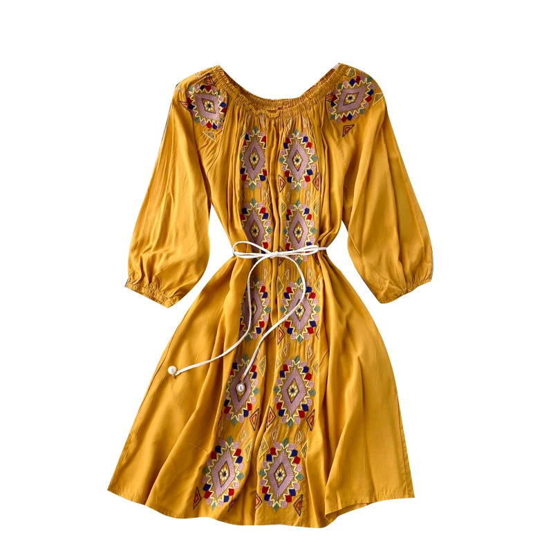Women Sexy Slash Neck Off Shoulder Loose Bohemian Vacation Dress High Quality Vintage Geometric Patterns embroidery Mini Dress
Women Sexy Slash Neck Off Shoulder Loose Bohemian Vacation Dress High Quality Vintage Geometric Patterns embroidery Mini Dress