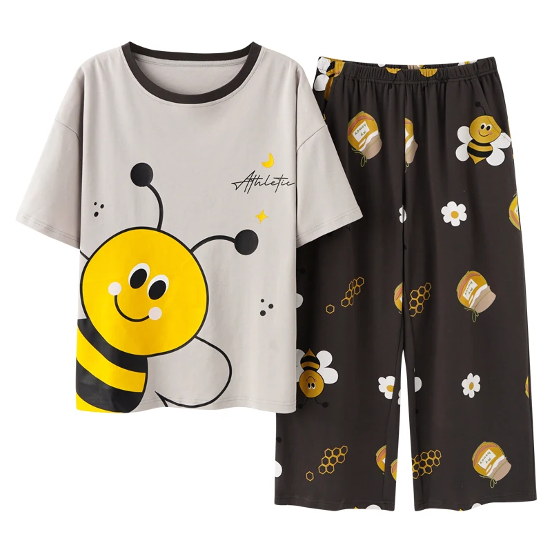 Summer Knitted Cotton Cartoon Pajamas Sets Women Pyjamas Sleepwear Nightwear Pijama Mujer Plus Size Calf-Length Pants Homewear 
Summer Knitted Cotton Cartoon Pajamas Sets Women Pyjamas Sleepwear Nightwear Pijama Mujer Plus Size Calf-Length Pants Homewear